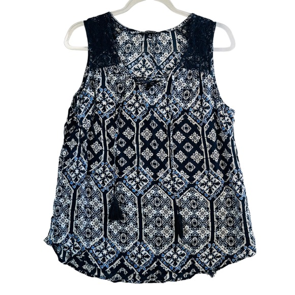 Relativity 1X Navy Blue‎ Printed Tank Top Sleeveless Lace Tassel Boho Blouse - Picture 1 of 8